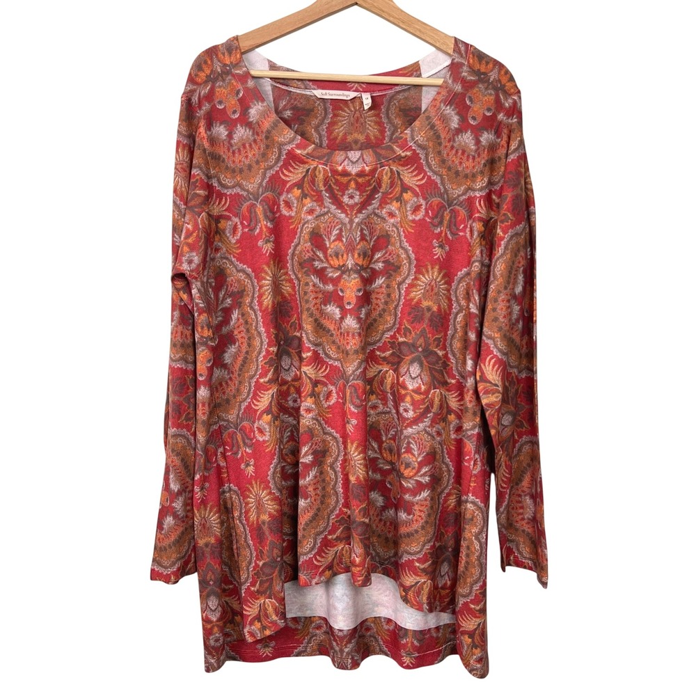 Soft Surroundings Womens 1X Red Orange Brown Paisley Market Tunic Top USA